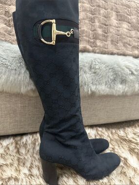 GUCCI Black Canvas GG Knee Boots with Green-Red Web and Gold GUCCI HorseBit